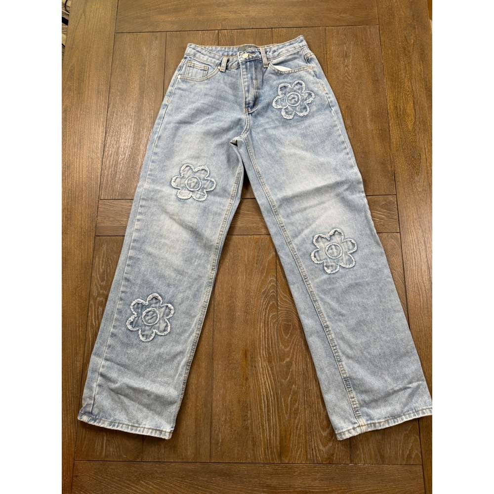 Cali 1850 Womens Flower Applique Wide Leg Jeans Light Wash 5/27  Y2K